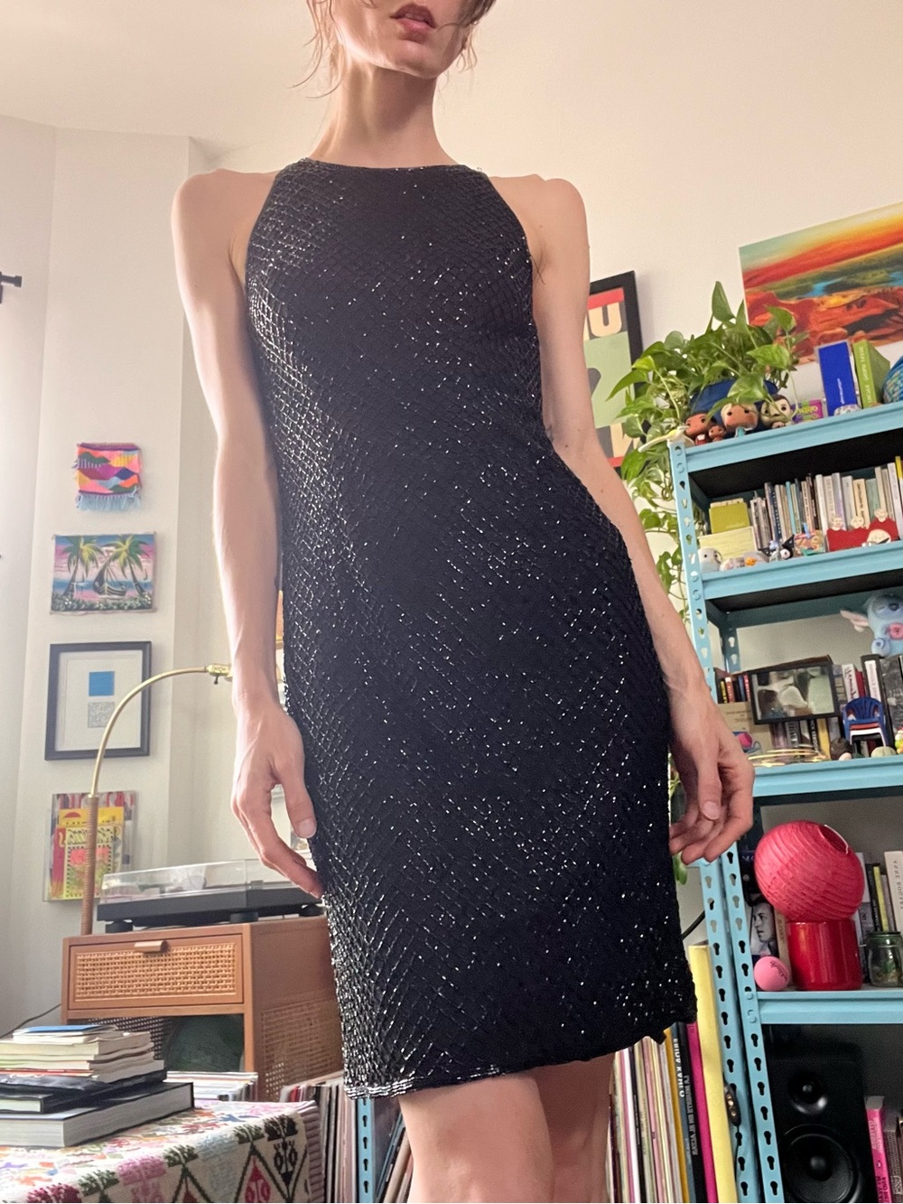 80s Black Sequin Halter Evening Dress